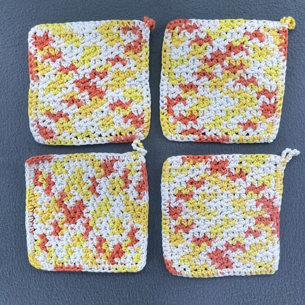 Handmade Crochet Pot Holders Cotton Yellow Orange Set of 4 Farmhouse Cottagecore